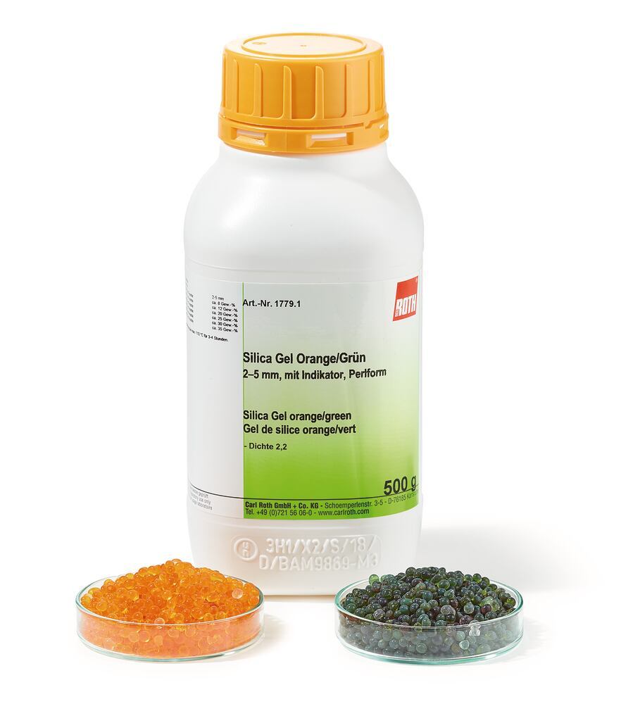 Silica Gel Orange/Grün, 2.5 kg, Silica Gele mit Feuchtigkeitsindikator, Silica Gele, Trocknungsmittel, Anorganische & analytische Reagenzien, Chemikalien