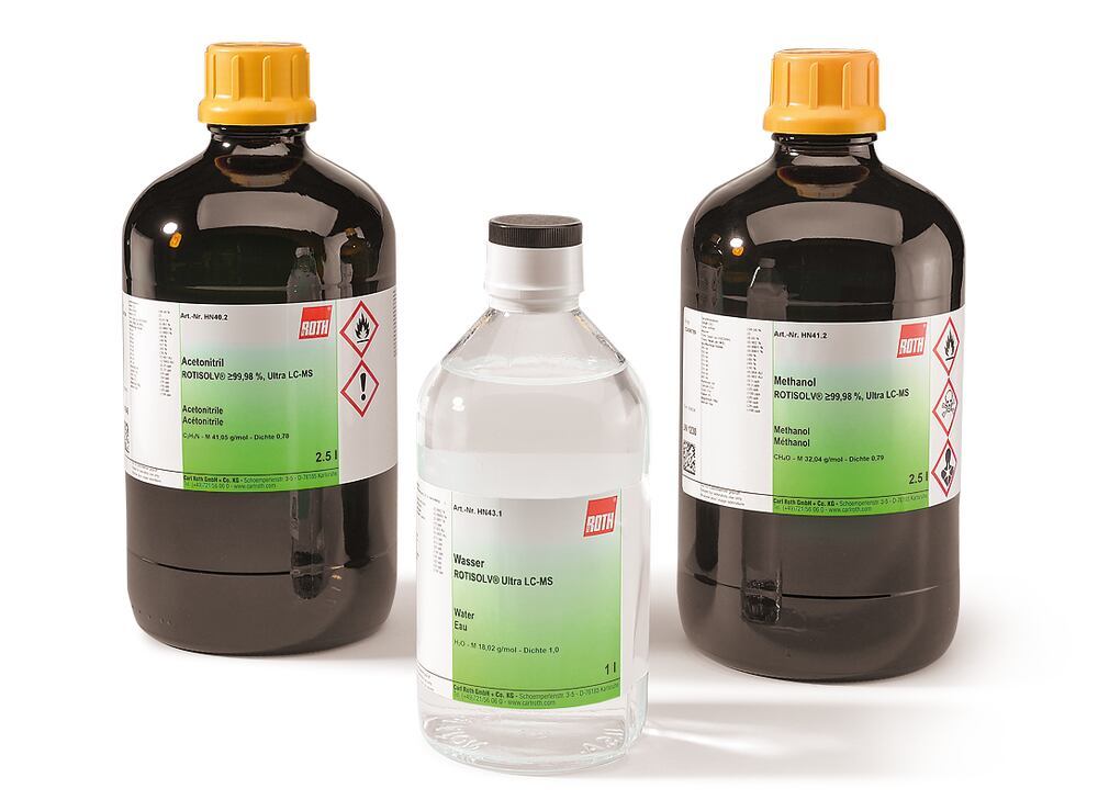 Methanol, 2.5 l, CAS No. 67-56-1, ROTISOLV® Ultra LC-MS Solvents, Solvents ROTISOLV® for LC-MS, LC-MS, Liquid chromatography (LC, HPLC,  LC-MS), Chromatography, Applications