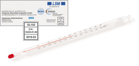 Glasthermometer mit DAkkS-Kalibrierzertifikat, -10 bis +100 °C, 1 °C, 305 mm