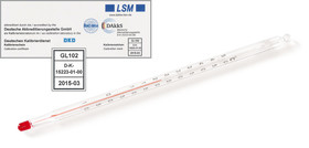 Glass thermometer with DAkkS calibration certificate, -10 to +100 °C, 1 °C, 305 mm