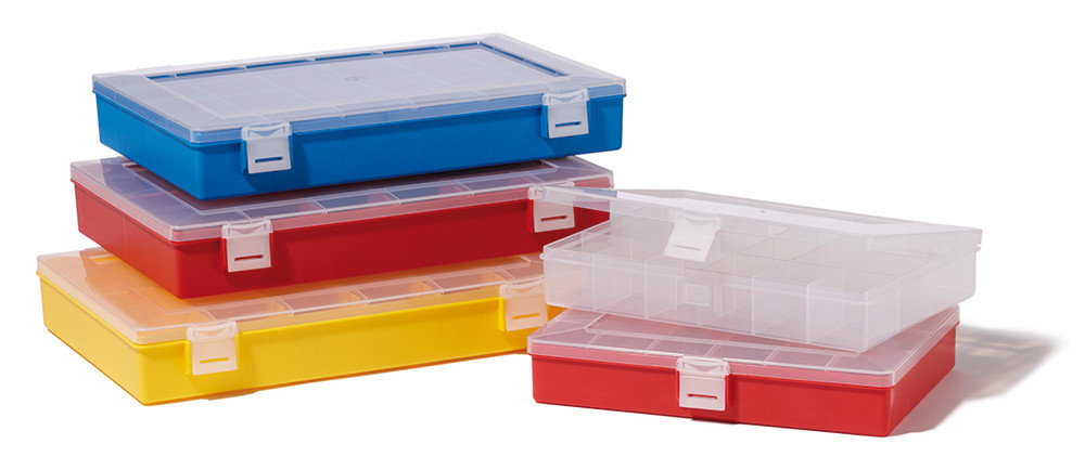 Assortment box large, Number of compartments: 8, Compartment size: 52 x 52  (4x), 105 x 52 (2x), 105 x 105 (1x), 105 x 325 (1x) mm, red, Storage  containers, Storage, Transport, Laboratory Equipment, Tools, Labware