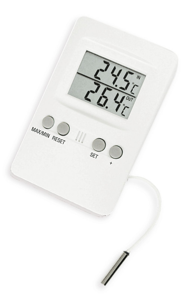 Innen-Außen-Thermometer mit Min/Max-Funktion und Grenzwertalarm, Thermometer (Innen-Außen, Min-Max, Funk), Temperatur und Überwachung, Messtechnik, Laborbedarf