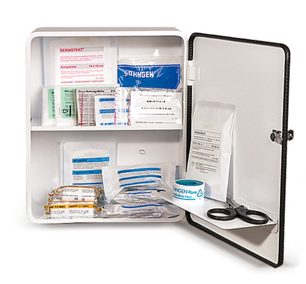 First-aid cabinet with contents, acc. to DIN 13157, 302 x 140 x 362 mm, Dressing/first aid case, dressing/first aid cupboard, Eye wash and first  aid box