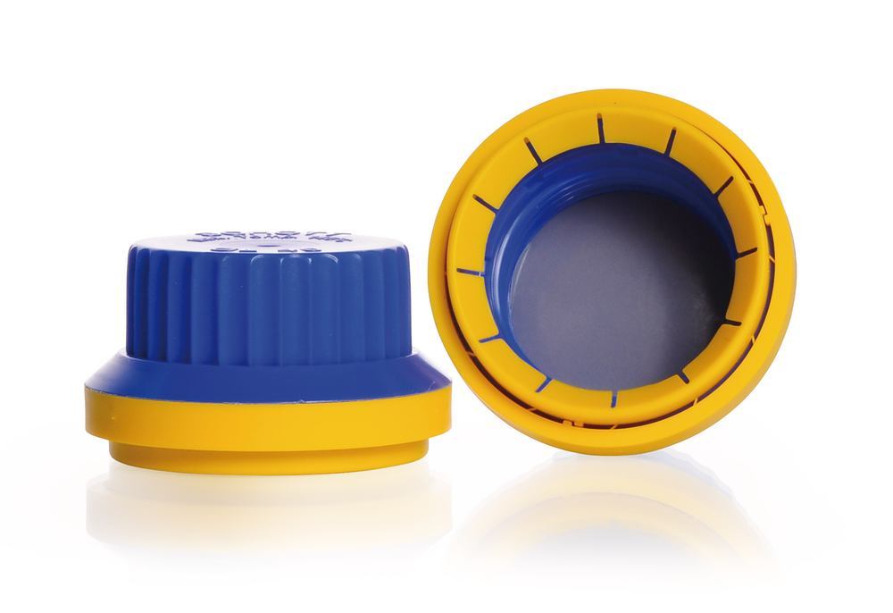 Tamper-evident caps, with PTFE coated silicone seal, yellow tamper-evident  ring, Seals, hose connectors and accessories, Containers, bottles, tins  and canisters, Laboratory Glass, Vessels, Consumables, Labware